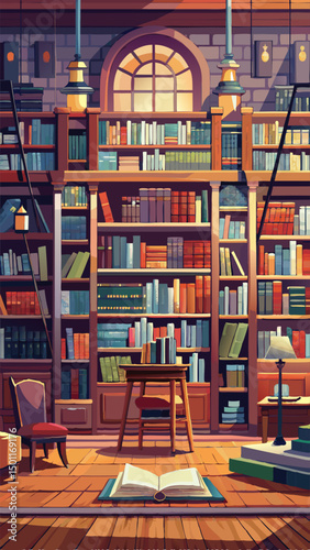 A beautifully illustrated cozy library setting featuring tall bookshelves filled with colorful books, a reading chair, and a warm ambiance that invites you to spend time reading and explorin...