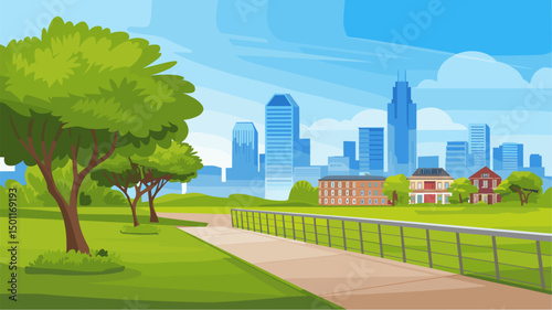 A colorful vector illustration showcasing a serene city park filled with green trees, a paved path, and a skyline of modern skyscrapers in the background. Ideal for urban nature themes.