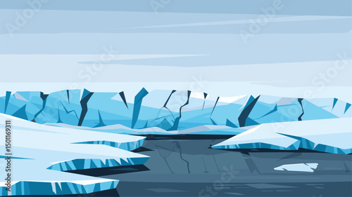 A breathtaking vector representation of a polar landscape featuring jagged icebergs, serene waters, and a clear blue sky, perfect for environmental themes.