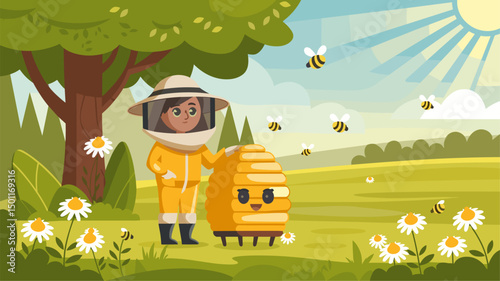 A cheerful bee keeper stands next to a whimsical beehive in a sunny meadow. Surrounded by blooming flowers and buzzing bees, the scene captures the joy of beekeeping in a vibrant landscape.