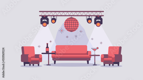 A trendy lounge scene featuring a comfortable sofa, elegant chairs, and a disco ball. Ambient lighting creates a festive atmosphere ideal for parties and gatherings.