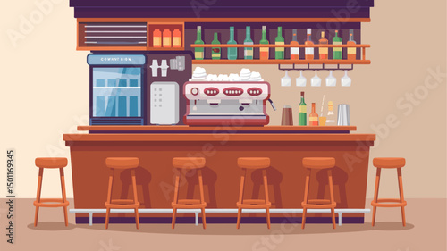 A vibrant vector illustration of a modern coffee bar featuring an espresso machine, a beverage cooler, and stools. Perfect for café and restaurant designs.