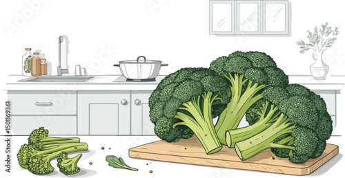 Fresh Broccoli on Kitchen Tabletop Vibrant Vector Illustration
