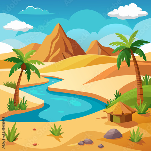 A colorful desert scene featuring a winding river, lush palm trees, sandy hills, and distant mountains. Ideal for nature-themed projects.