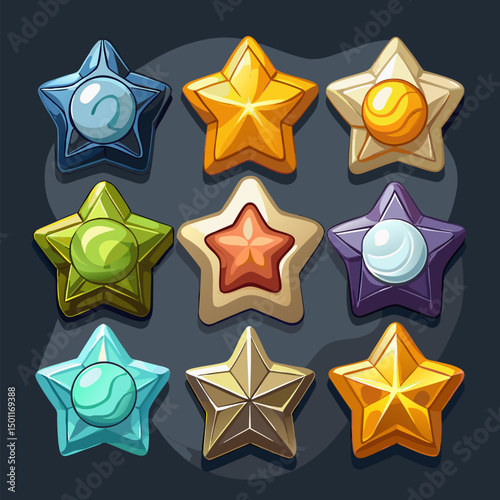 A vibrant collection of nine star icons in various colors and metallic finishes, perfect for game design or user interface elements. Ideal for applications and websites!