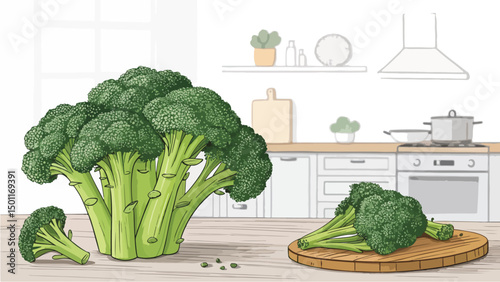 Fresh Broccoli on Kitchen Table Vibrant Vector Illustration