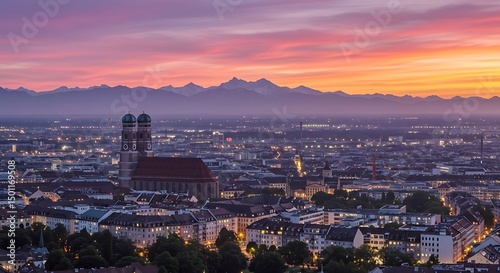 Twilight View of Munich Cityscape with the Alps in the Background