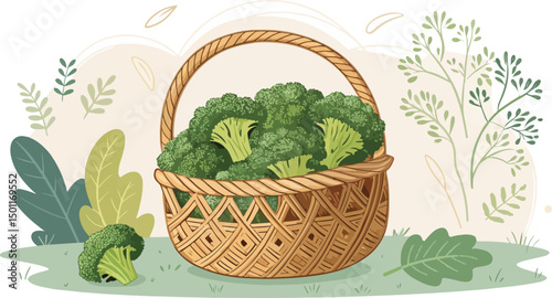 Broccoli in Rustic Basket Natural Background Design