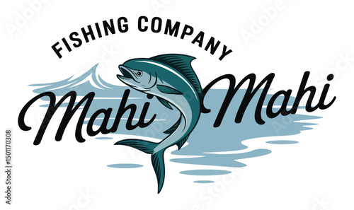 Mahi Mahi Fishing Company Logo Design with Mountain Background.eps