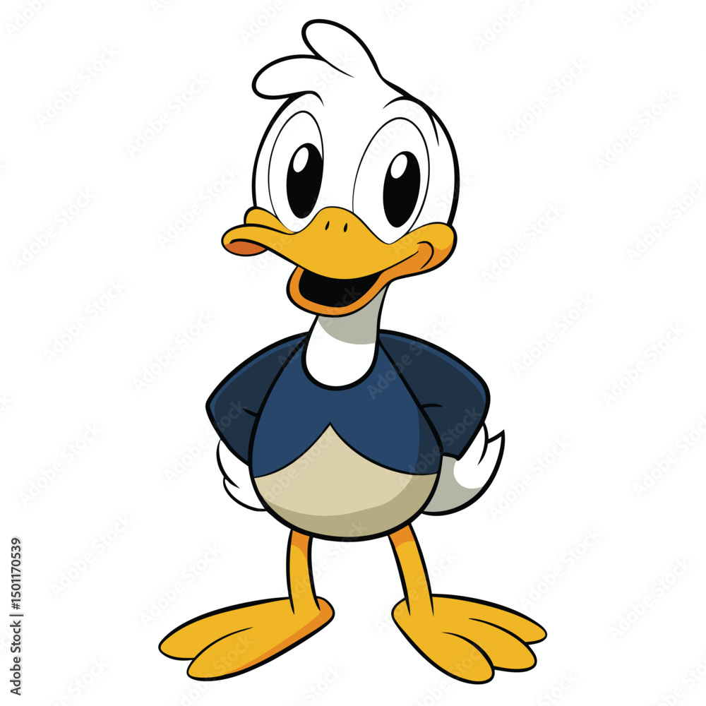 Obraz premium Happy cartoon duck stands smiling with his hands on his hips confidently