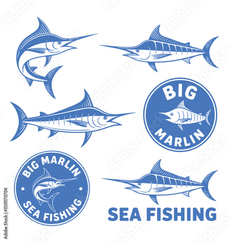 Set of Vintage Style Marlin Fish Illustrations for Sea Fishing