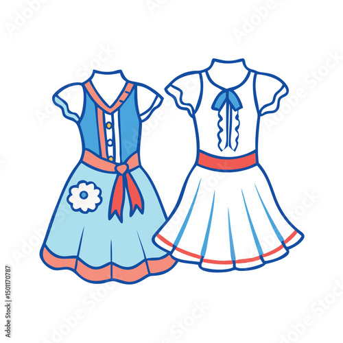 Two cute cartoon dresses side by side with frills and accents
