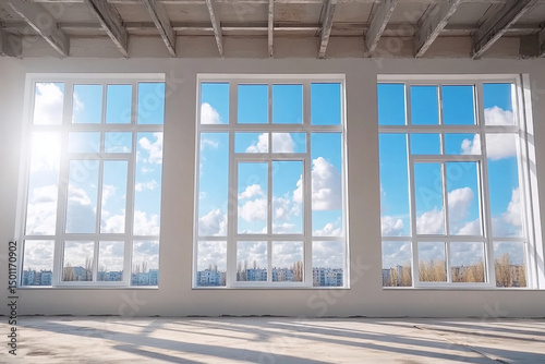 Large glass windows being installed in a modern home with a view of the sky and city skyline
