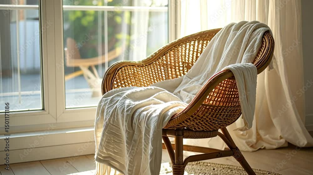 Cozy wicker chair with a soft blanket in a sunlit room, creating a warm and inviting atmosphere