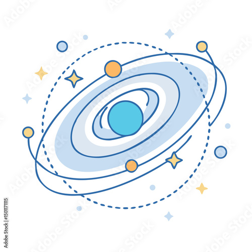 Stylized Planetary System Illustration with Orbital Rings, Planets and Starry Accents
