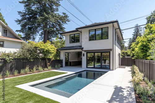 Swimming pool installation creating a lively and chaotic atmosphere in the backyard of a modern home