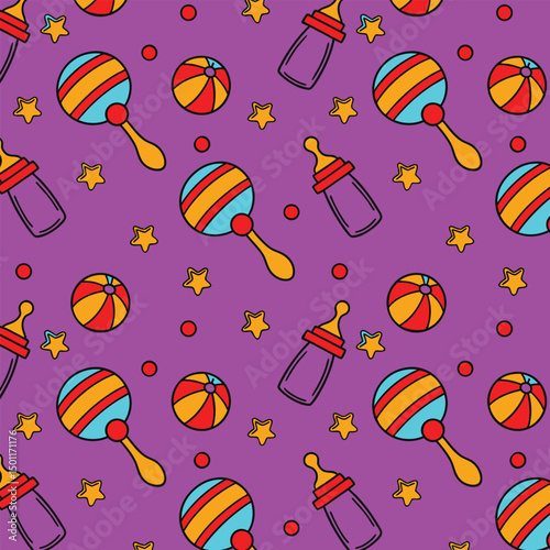 seamless Baby Pattern with Rattles, Balls, Bottles, and Stars
