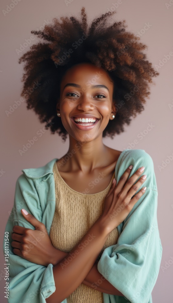 Fototapeta premium Joyful woman with natural hair smiling warmly
