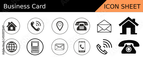 Business Card Icon Set – Contact Information Icons for Name, Address, Phone, Email, Website, Fax, and Location, Vector Illustration
