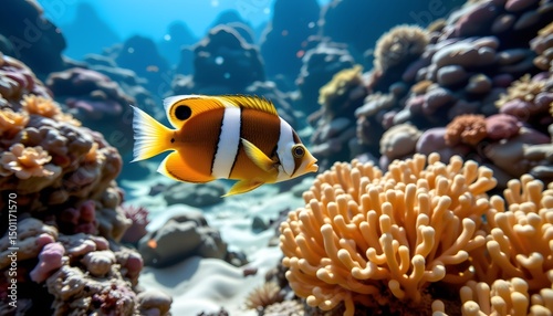 explore a vibrant coral reef scene with a copperband butterflyfish swimming gracefully in the sunlight, capture the radiant bronze hues and nostalgic tones against a natural blue backdrop photo