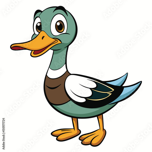 Cartoon duck with yellow beak stands cheerfully while looking to the left side