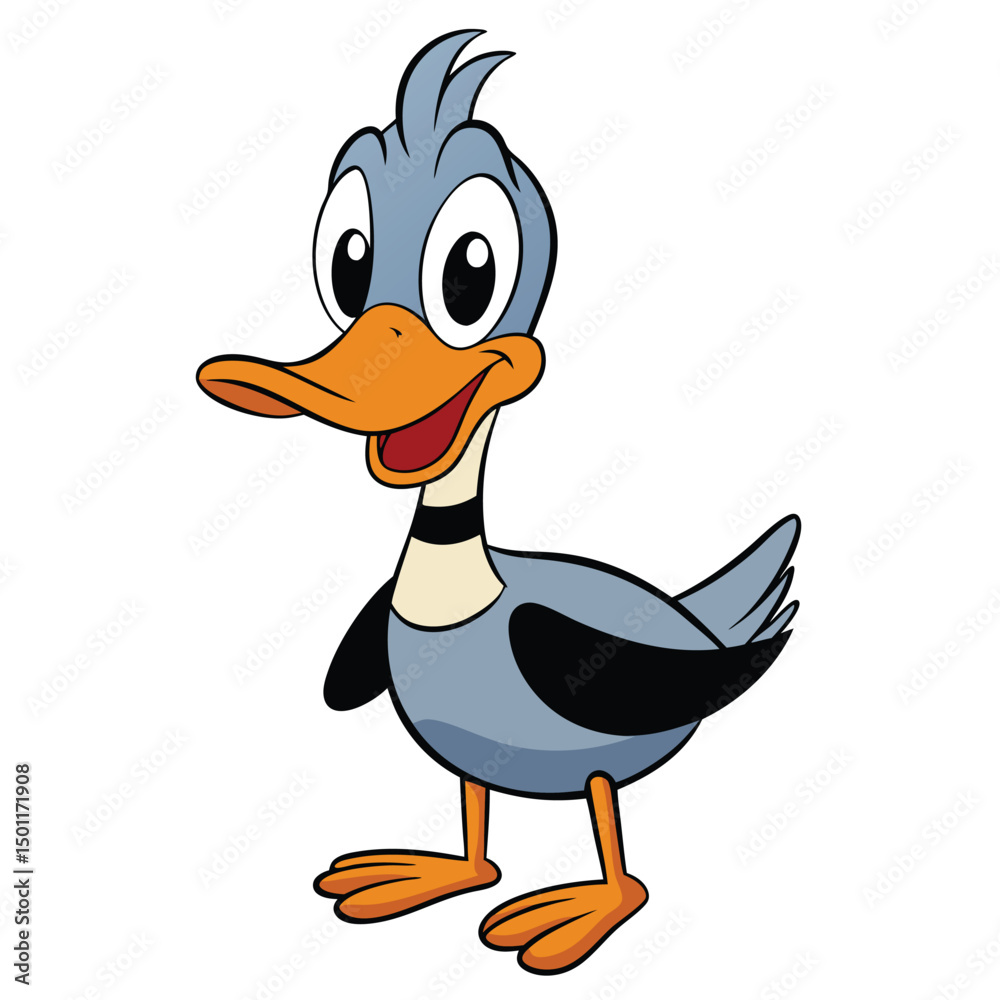Fototapeta premium Happy cartoon duck with big eyes and orange beak stands smiling at viewer