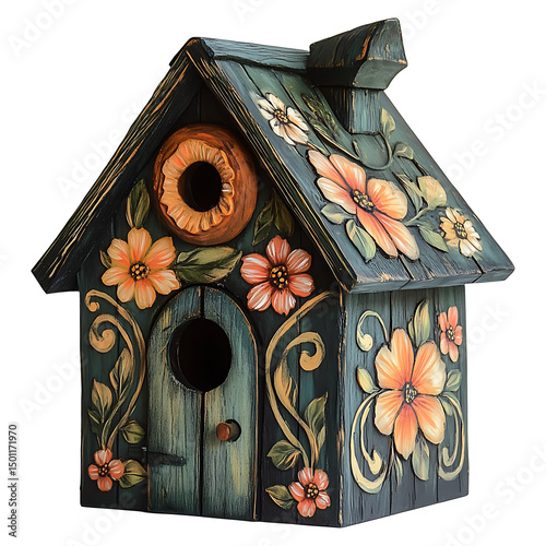 Charming Decorative Birdhouse Featuring Raised Flower Designs and Dark Teal Finish