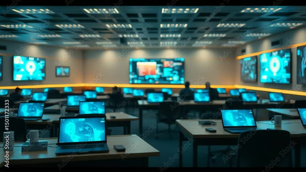 Multiple tables in a room filled with laptops and futuristic holographic displays A futuristic classroom scene with holographic displays and interactive learning tools Multiple tables in a room filled with laptops and futuristic holographic displays A futuristic classroom scene with holographic displays and interactive learning tools