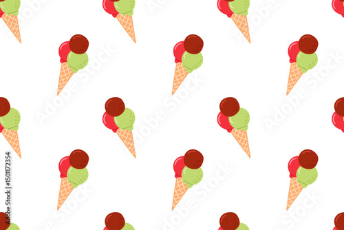 Colorful ice cream cones placed on a white background for a playful and fun design theme