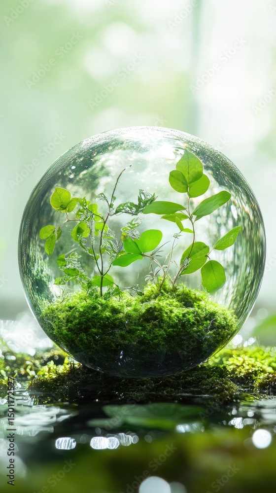 A glass sphere holds miniature greenery. Moss and small plants rest on a dark surface. Soft light and out-of-focus background A glass sphere holds miniature greenery. Moss and small plants rest on a dark surface. Soft light and out-of-focus background