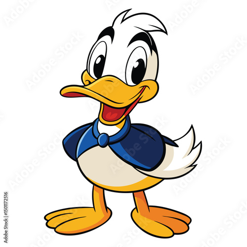 Cartoon duck character cheerfully stands wearing a blue shirt against white background