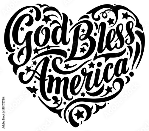 God Bless America heart-shaped lettering design. Decorative heart shape with patriotic text featuring a graphic style. Patriotic design for various applications -