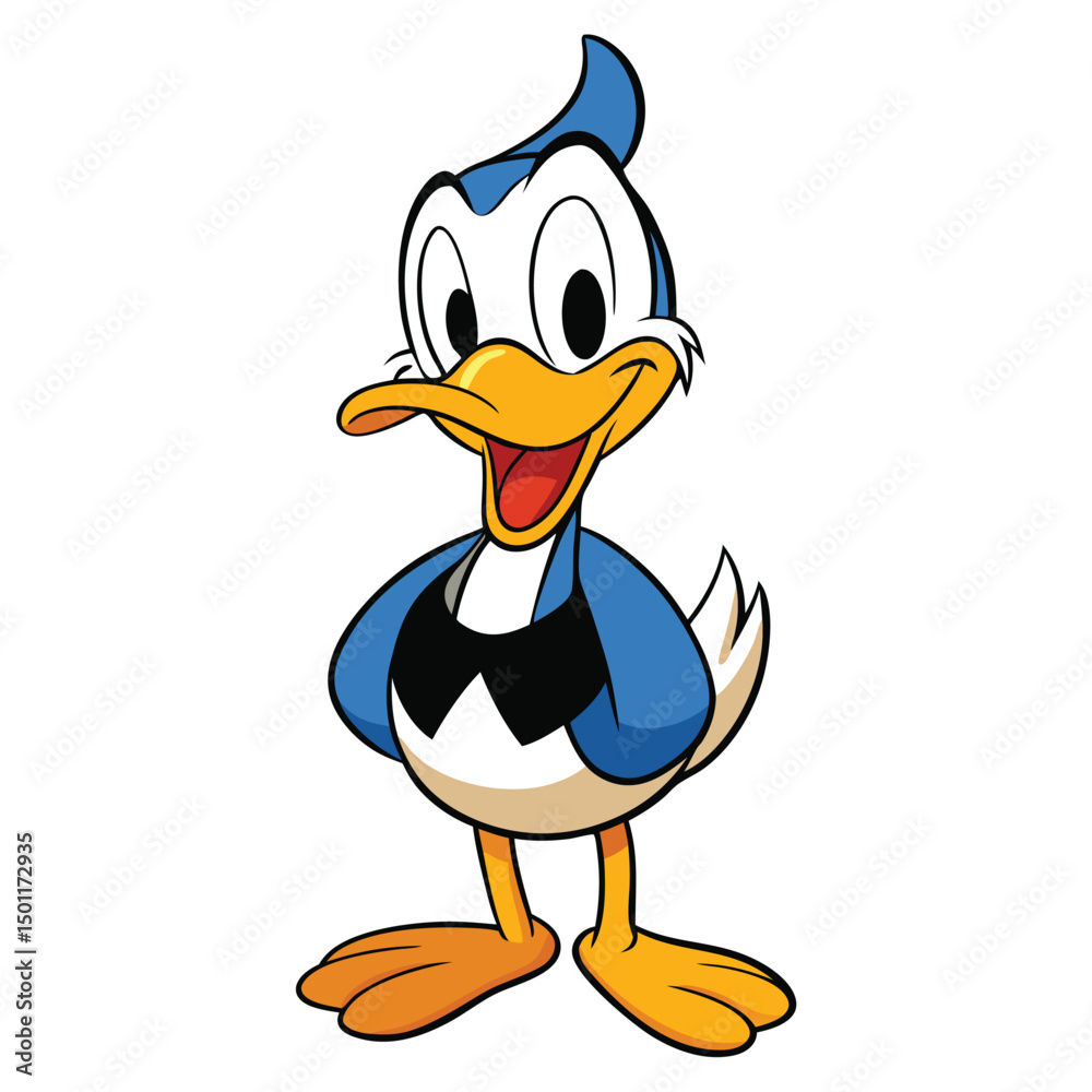 Fototapeta premium Cartoon duck character smiles with a cheerful expression; he stands upright with his feet apart
