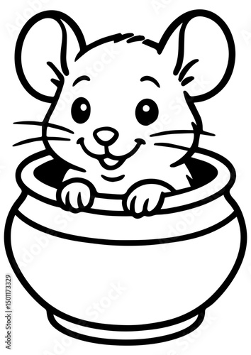 Adorable field mouse sitting in a clay pot, black and white vector perfect for engraving, logo, print, book illustration, and creative projects