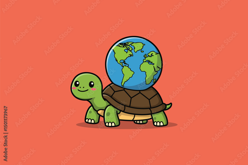 Obraz premium Turtle with World Shell Cartoon Vector Icon Illustration