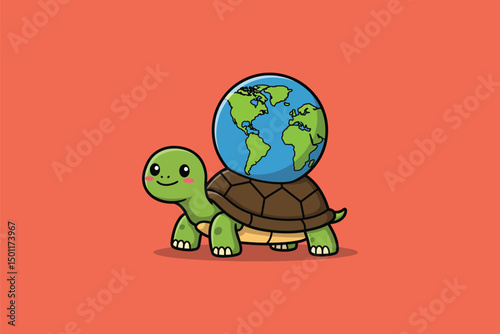 Turtle with World Shell Cartoon Vector Icon Illustration	
