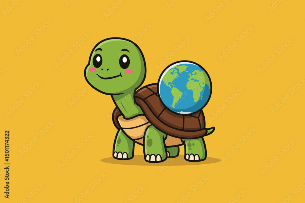 Obraz premium Turtle with World Shell Cartoon Vector Icon Illustration 
