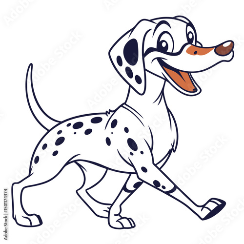 Cartoon dalmatian dog walks cheerfully with a smile and playful expression on a white background