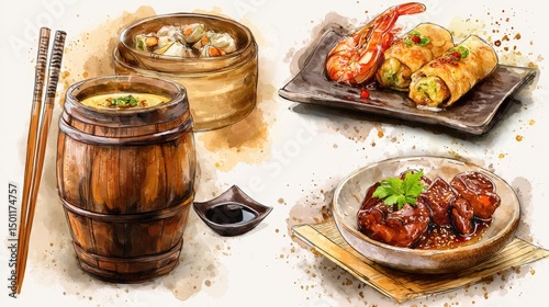 Asian Feast Watercolor Dim Sum with Shrimp Rolls  Sweet Pork, and Culinary Art.