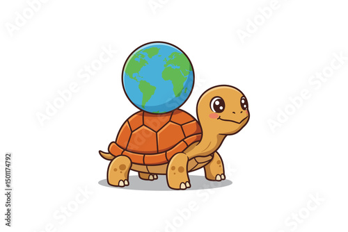 Turtle with World Shell Cartoon Vector Icon Illustration	