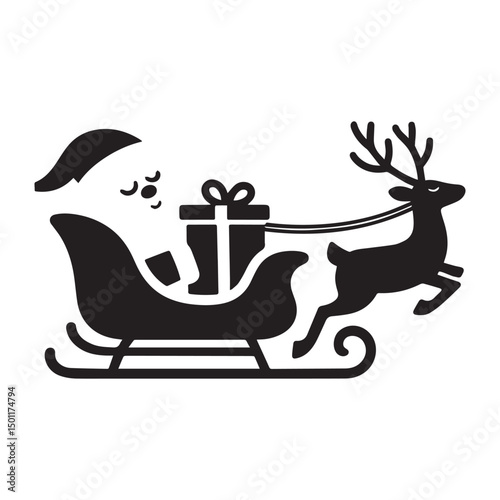 A vector illustration of a silhouette of a Santa Claus sleigh with reindeer. The sleigh is flying across a starry night sky. 