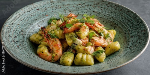 Fusion Gnocchi with Pesto and Grilled Prawns on Textured Ceramic Plate