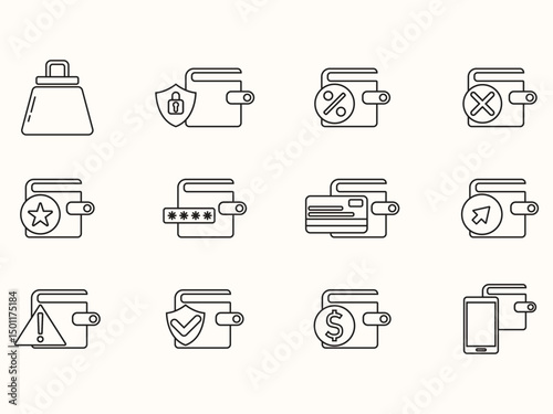 Wallet icon set in outline style vector design