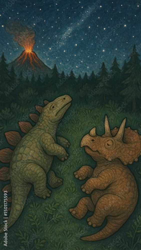 Fototapeta premium Dinosaurs stargazing under volcano.