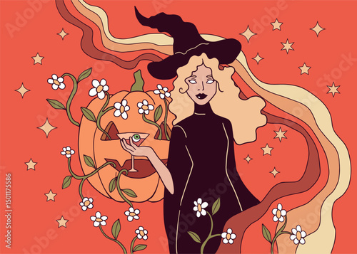 Retro Pop Art Witch Halloween Illustration	