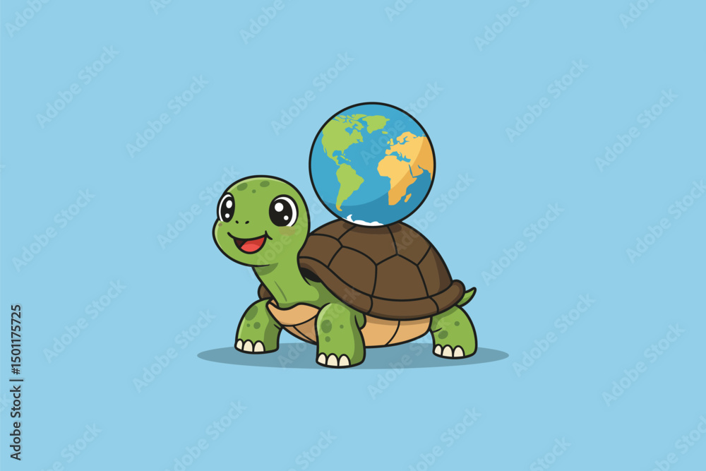 Fototapeta premium Turtle with World Shell Cartoon Vector Icon Illustration 