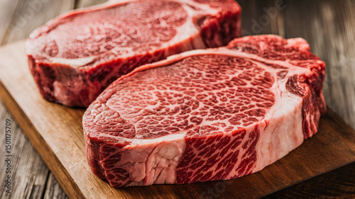 Close-up of two raw wagyu beef ribeye steaks on a wooden board, showing their excellent texture and marbled veins.