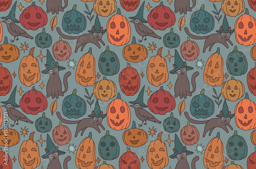 seamless Halloween Pattern with Pumpkins and animals, witchu mystic art, crepy and cute	