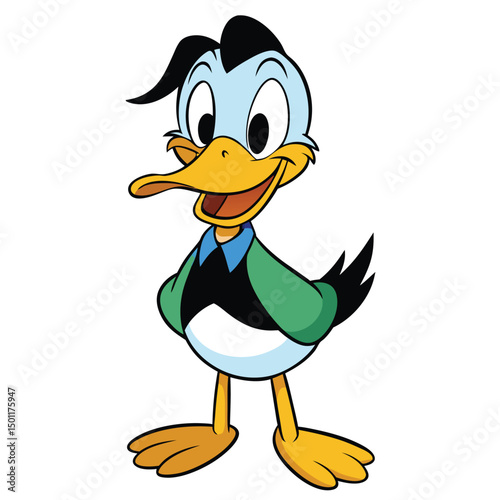 A smiling cartoon duck stands confidently with his hands tucked under his arms