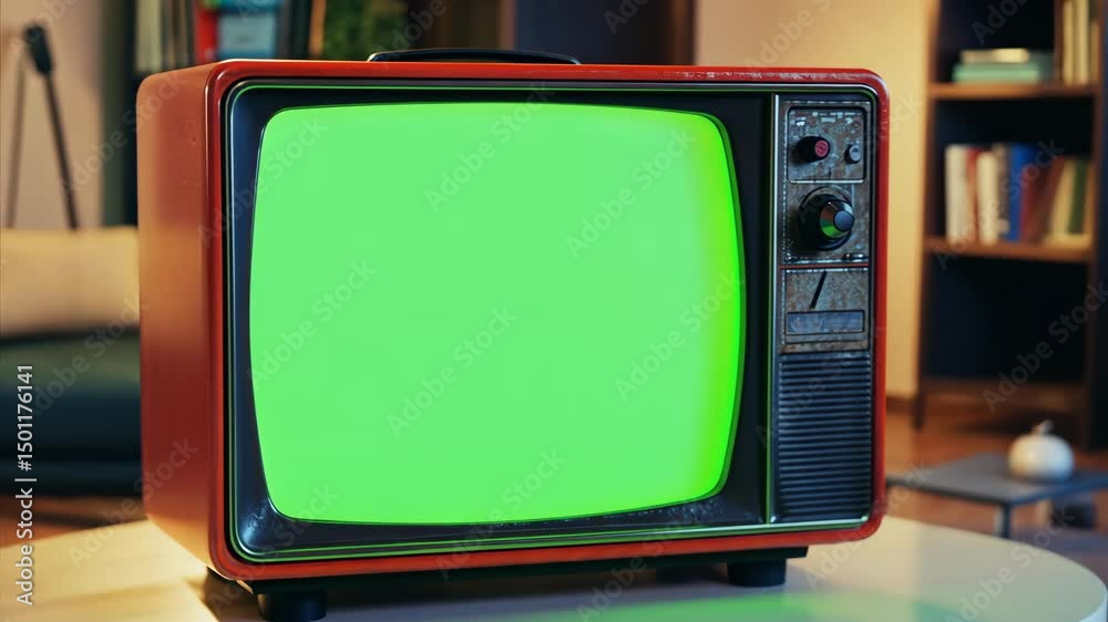 Vintage red and yellow TV with green analog display.